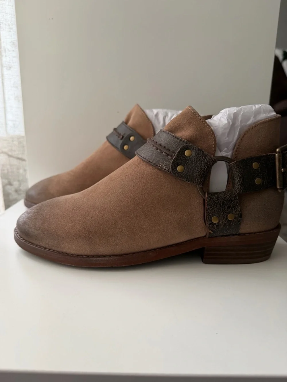 FREE PEOPLE Belle Harness Boots - Size 8 - Fawn Suede Boho Western Ankle Boots